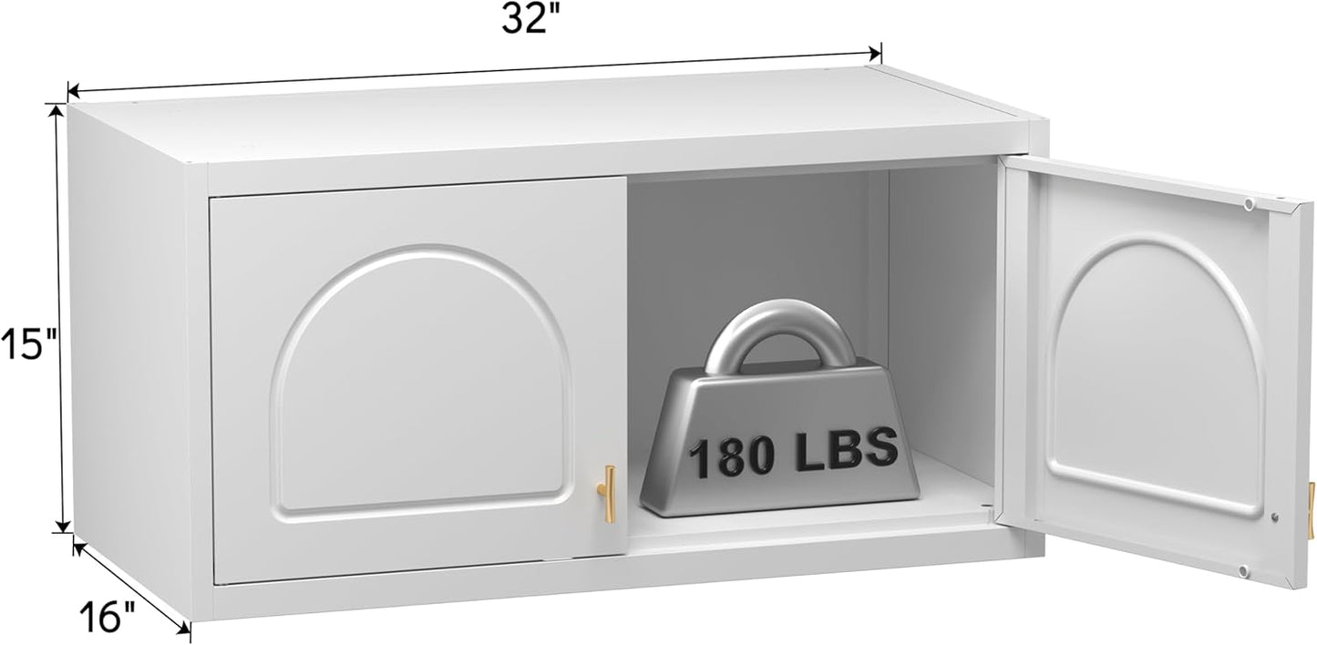 Wall Cabinet with Doors, Small Hanging Cabinet for Kitchen Pantry, Metal Overhead Cabinets for Dining, Living Room, Bathroom, 16" D x 32" W x 15" H, White, Assembly Required