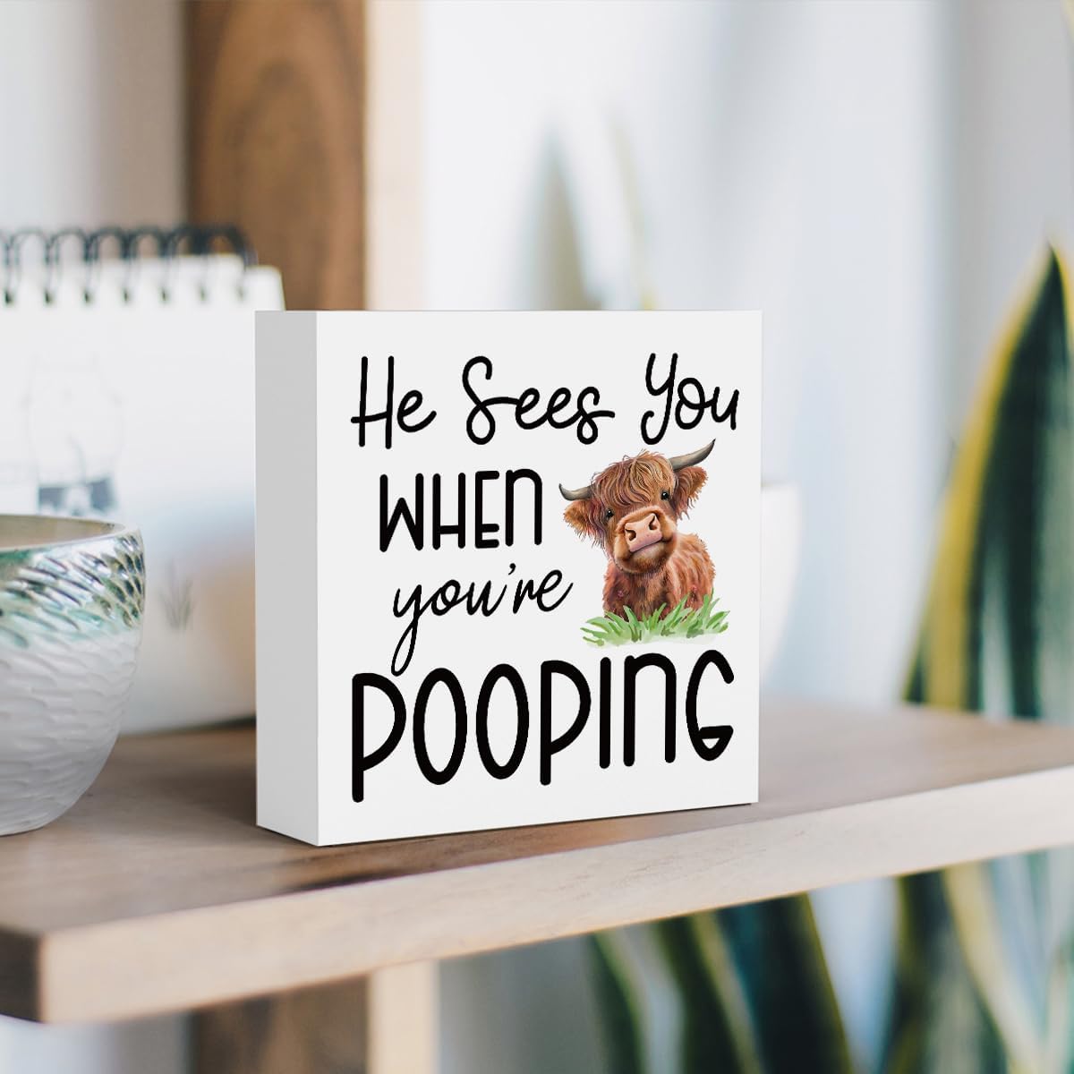Funny Highland Cow Bathroom Decor Are You Pooping Sign Highland Cow Gifts for Women Highland Cow Nursery Decor, Wooden Box Decor Sign for Home Farmhouse Office Living Room Table Shelf Tiered