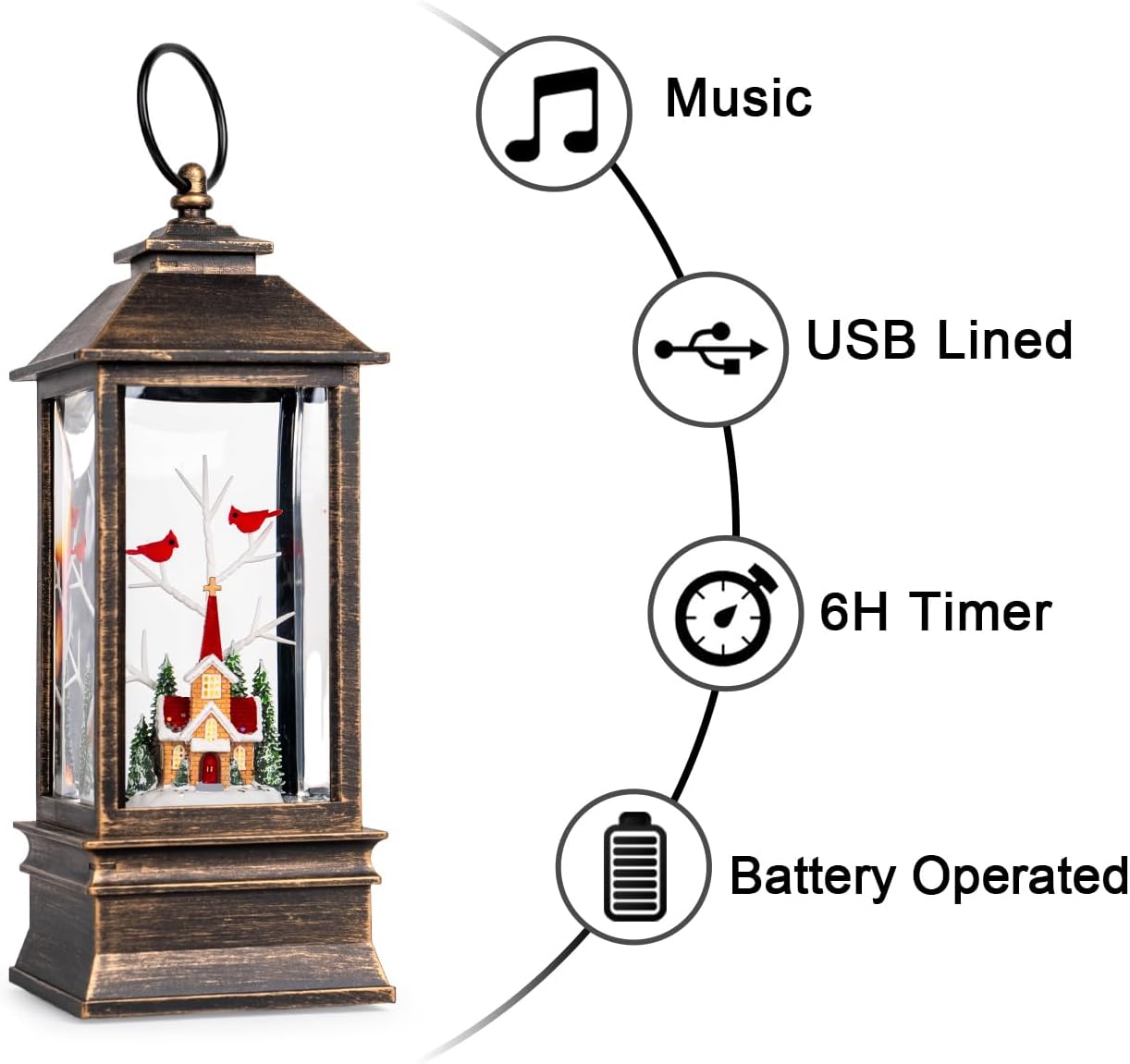 Christmas Snow Globe Lantern Water Glittering Cardinal & Church with Music & Timer, USB Lined/Battery Operated Lighted Lantern for Christmas Festival Decoration Gifts