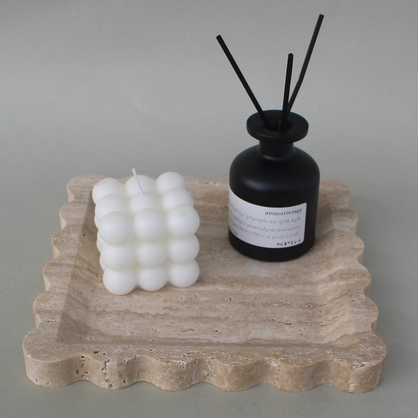 Natural Luxury Marble Tray with Scalloped Edge, Handmade Square Decorative Tray, Catch All Tray for Counter, Dresser, Nightstand and Home Décor (Beige Travertine)