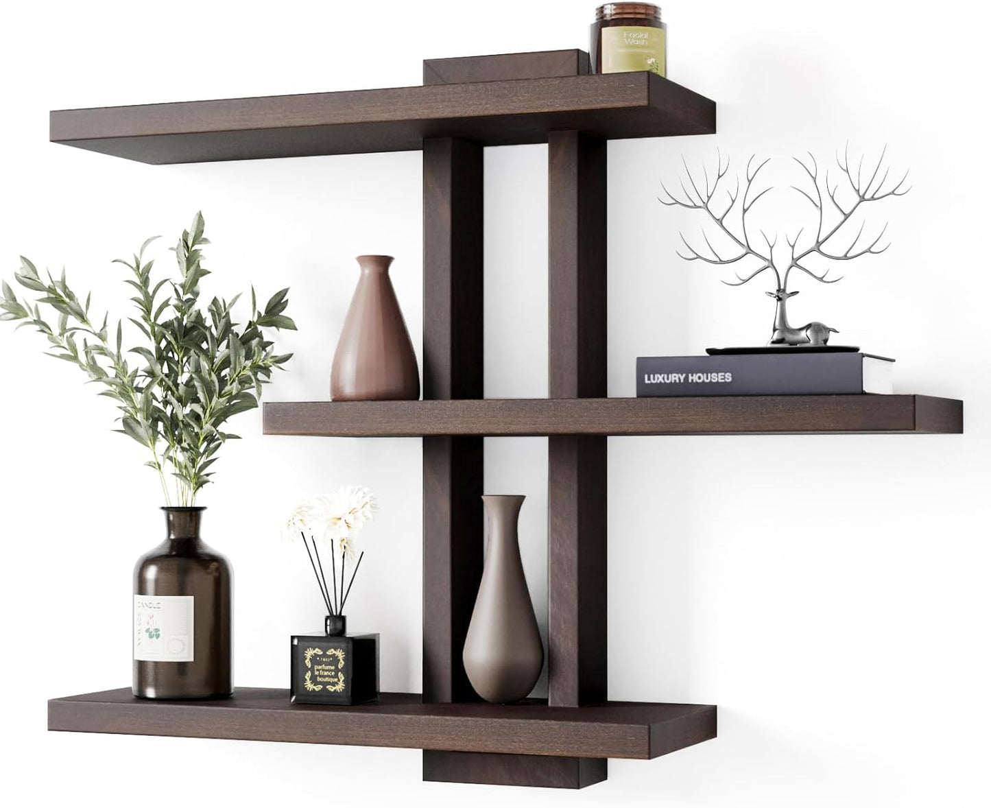 Variable Wood Floating Shelves Set of 3, Wall Cube Shelves 28.35" Max, Wall Shelves for Living Room Bathroom Bedroom - Dark Walnut Color - 28.35" x 23" x 5.9" Max