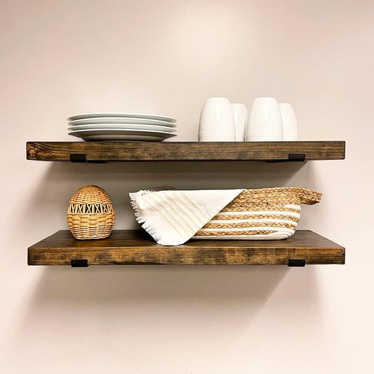 Rustic Shelves with J-Brackets Set of 2, Industrial Shelf, Kitchen Shelves, Solid Wood, Decorative Wall Storage, Heavy Duty, URBANDI (Dark Brown, 24Wx12D)