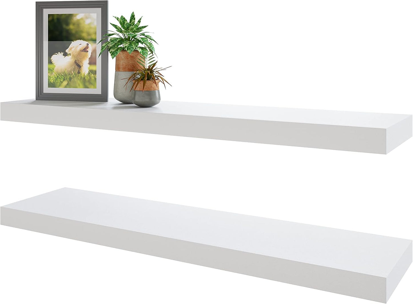 BAMEOS Floating Shelves, 35 in W x 7in D White Wall Mounted Wooden Shelves with Invisible Brackets Set of 2, Hanging Wall Shelves Decoration for Bedroom and Kitchen
