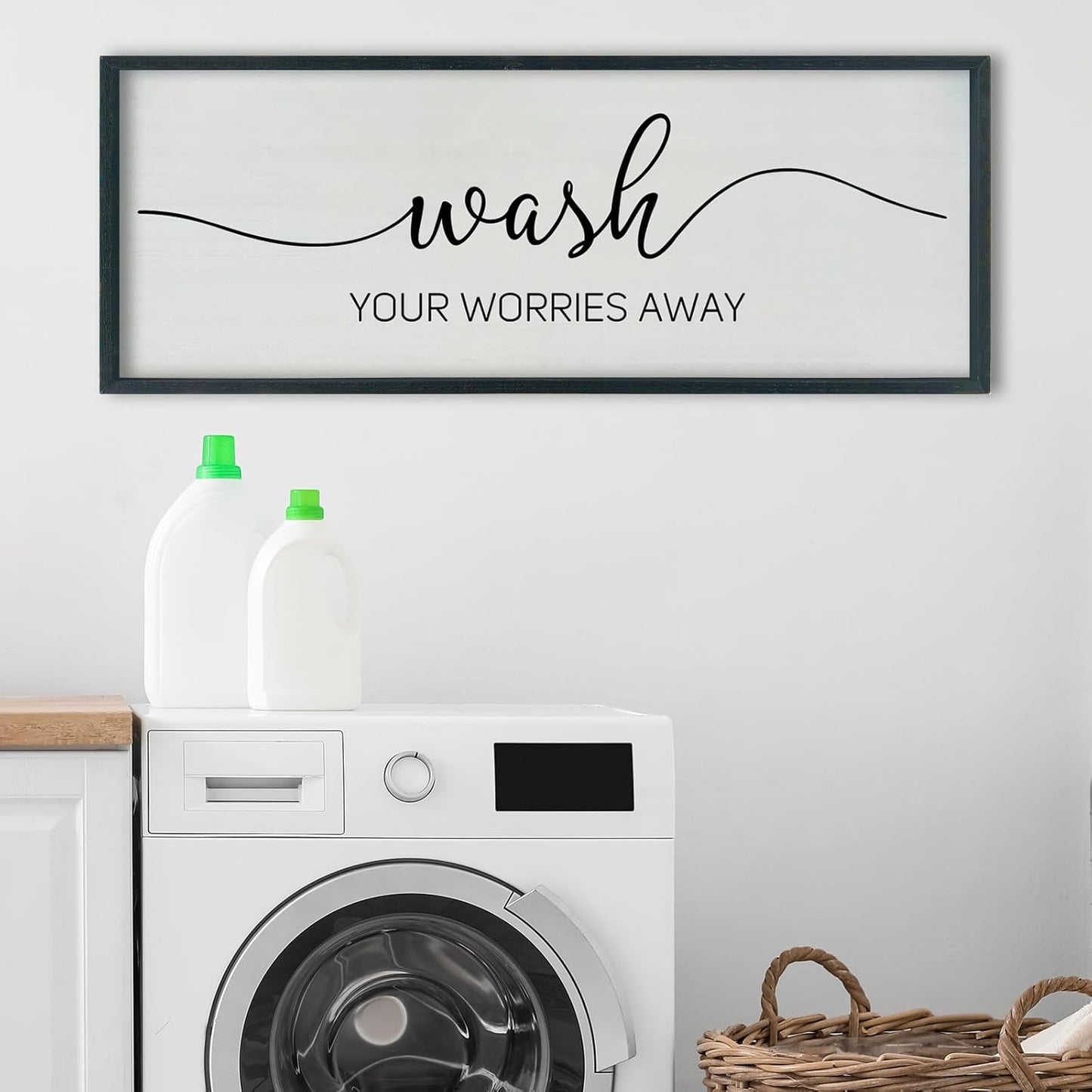 SRSZHIYUE Wash Your Worries Away Bathroom Sign Wall Art 40"x15" Funny Restroom Toilet Large Wood Framed Hanging Decor (Black)