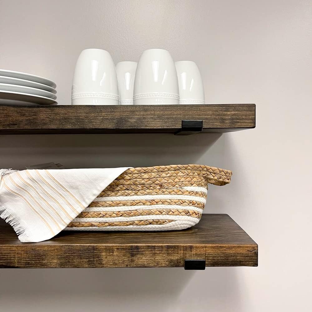 Rustic Shelves with J-Brackets Set of 2, Industrial Shelf, Kitchen Shelves, Solid Wood, Decorative Wall Storage, Heavy Duty, URBANDI (Dark Brown, 36Wx10D)