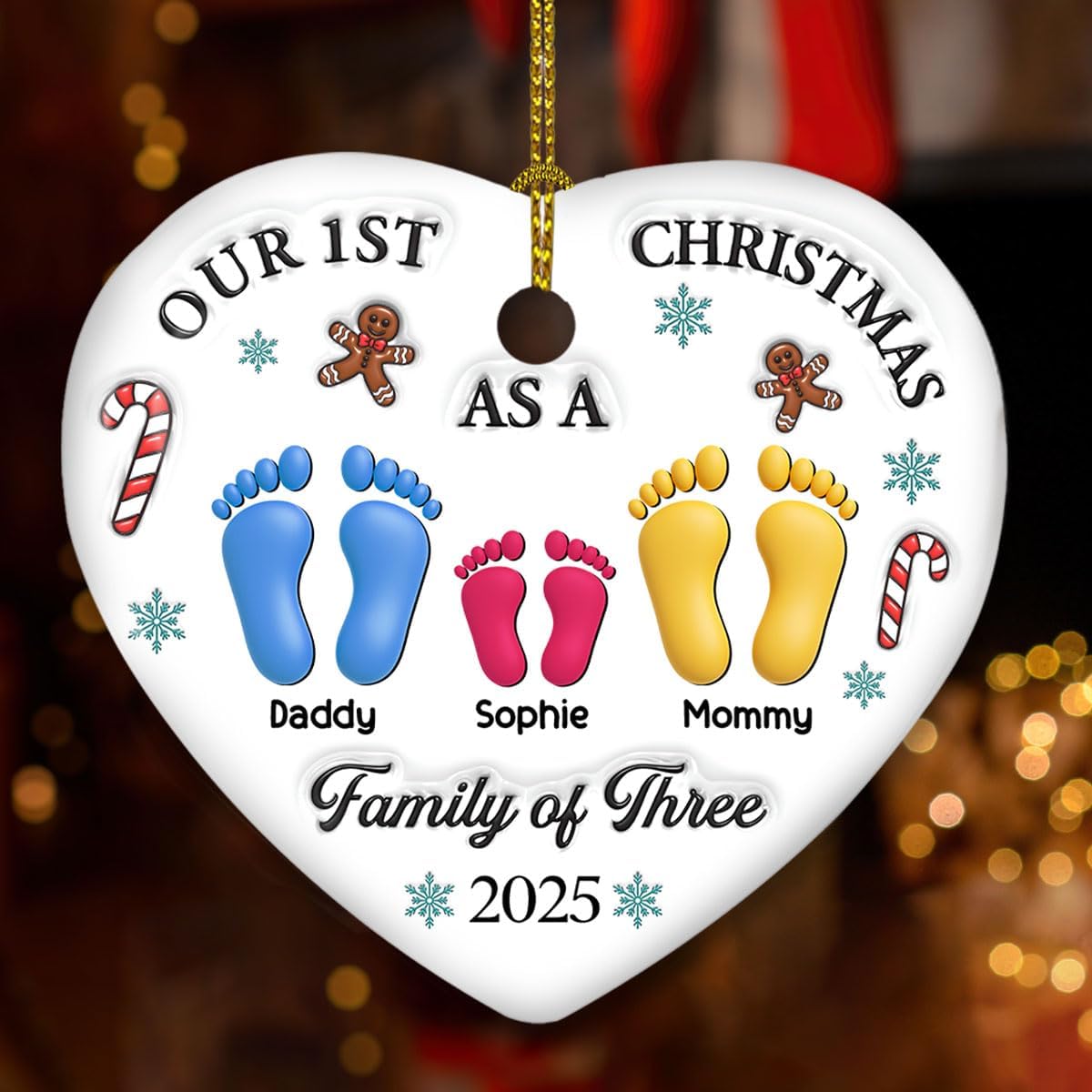 Personalized Custom 3D Effect Heart Ceramic Ornament – Our First Christmas, for Newly Married Couples, Personalized Keepsake