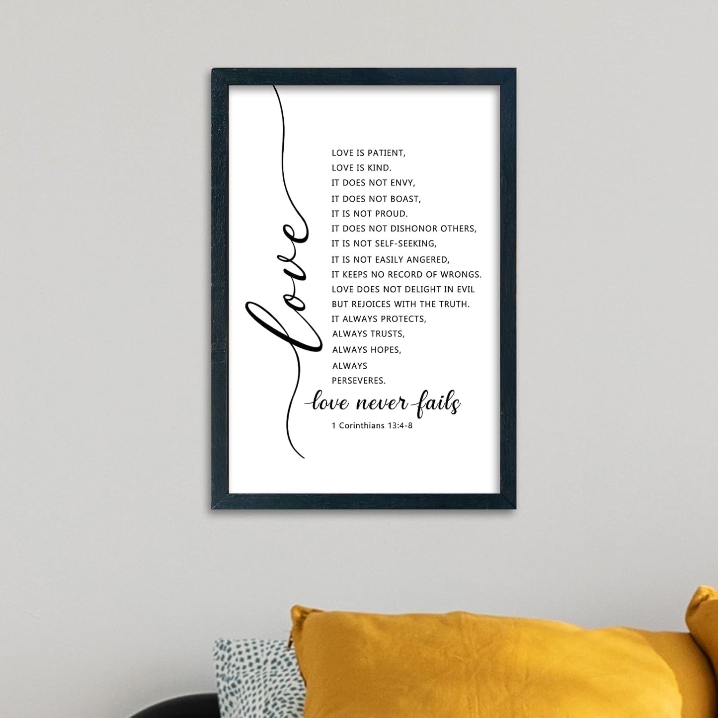 LuZhiQiang Love Is Patient Kind Wall Art 16"×11" Love Never Fails Sign 1 Corinthians 13 Bible Verse Wood Framed Wall Hanging Decor (Black)