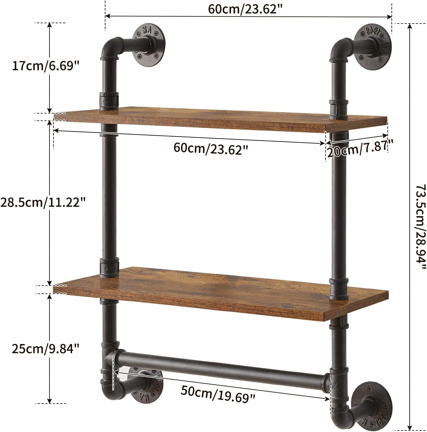 IBUYKE Pipe Floating Shelves,Rustic Iron 28.5 inches Industrial Pipe Shelf,2-Tier Wall Shelf with Towel Bar,Wall Mount Bookshelf for Bedroom,Kitchen,Living Room,Bathroom URF-TM014