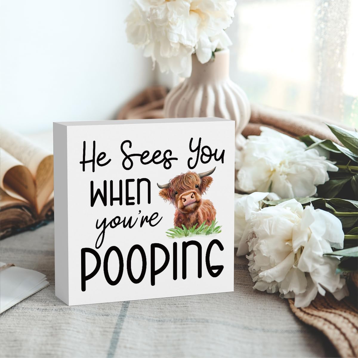 Funny Highland Cow Bathroom Decor Are You Pooping Sign Highland Cow Gifts for Women Highland Cow Nursery Decor, Wooden Box Decor Sign for Home Farmhouse Office Living Room Table Shelf Tiered