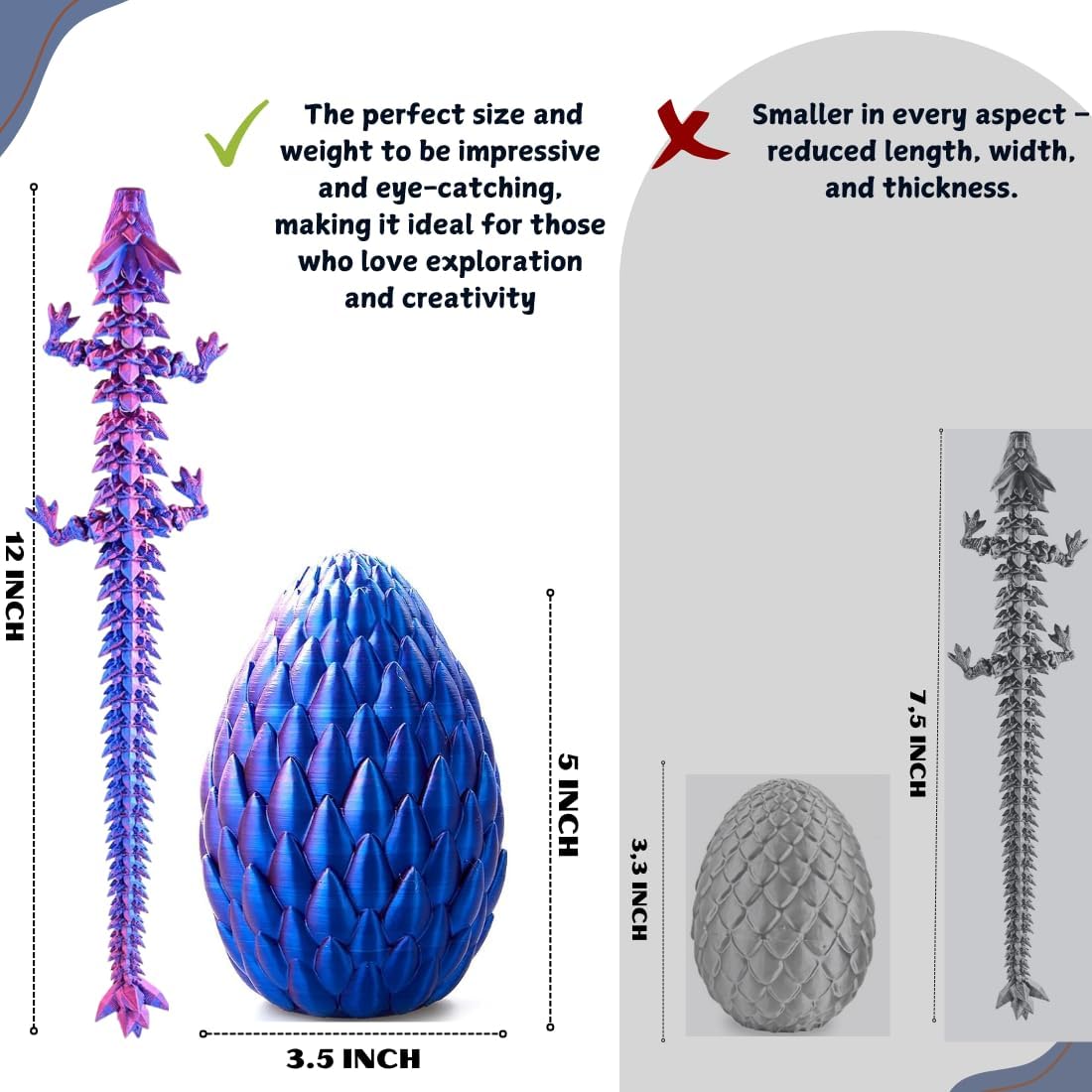 3D Printed 12” Articulated Crystal Dragon Inside 5.1” Egg – Fantasy Collectible, Fidget Toy & Stocking Easter Basket Stuffers for Home & Office Decor (Laser Purple)
