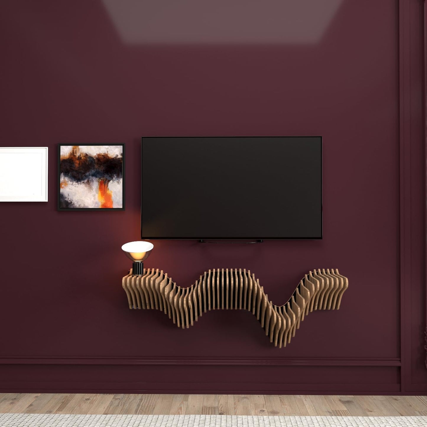 Parametric 40 inch Floating Shelf TV Unit Modern Geometric Wooden Wall Piece Decor Natural Oak Color 3D Wavy Living and Gaming Room Shelf