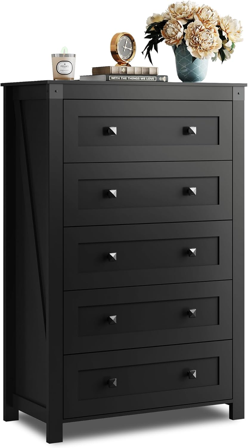 WLIVE Farmhouse 5 Drawer Dresser for Bedroom, Wood Dresser Storage Organizer, Tall Black Dressers with Double Rustic Handle, Chest of Drawers for Living Room, Hallway, Closet