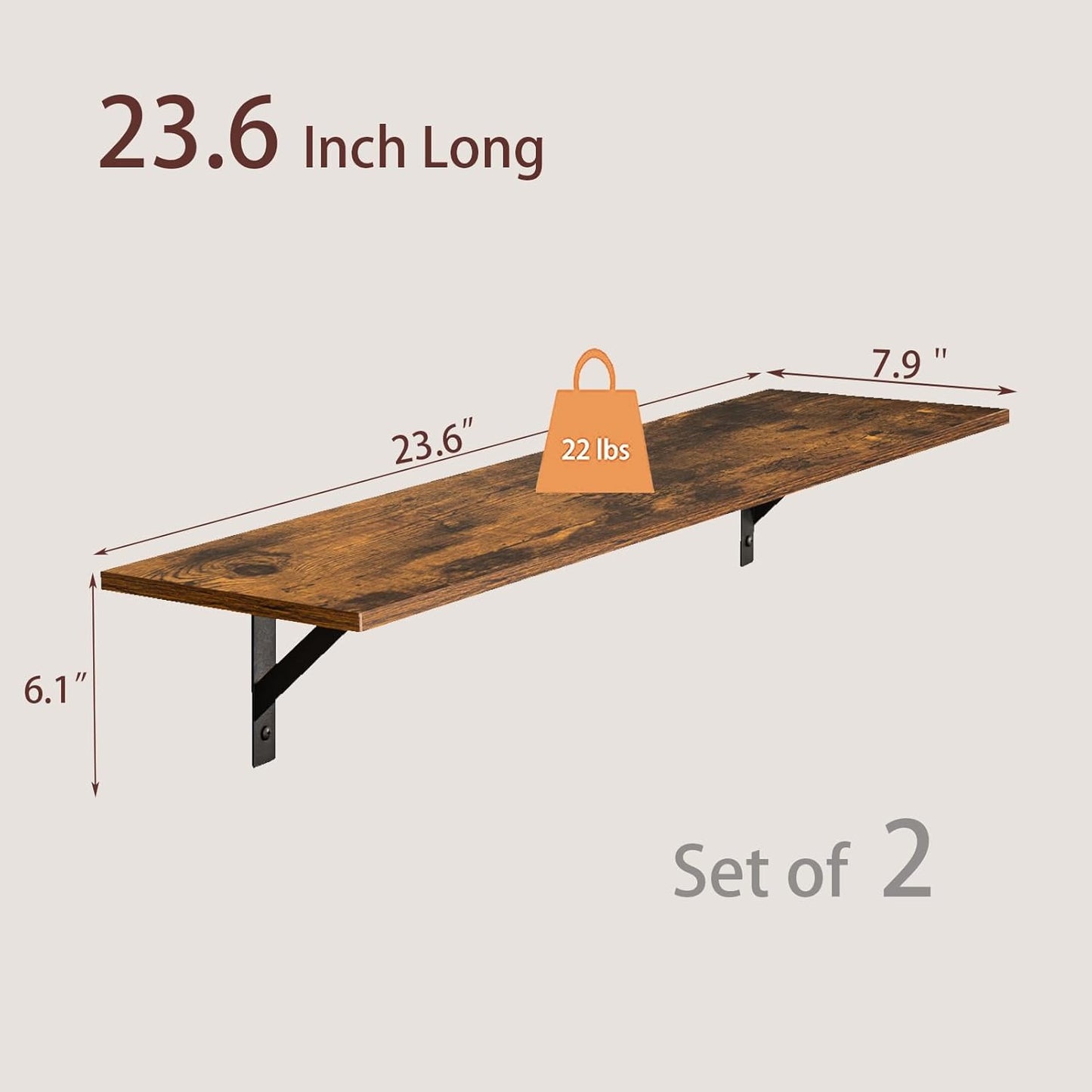 DINZI LVJ Wall Shelves, 23.6 x 7.9 x 6.1 Inch Floating Shelves for Wall, Easy-to-Install Wall Storage Ledges with Sturdy Metal Brackets for Living Room, Bathroom, Kitchen, Rustic Brown