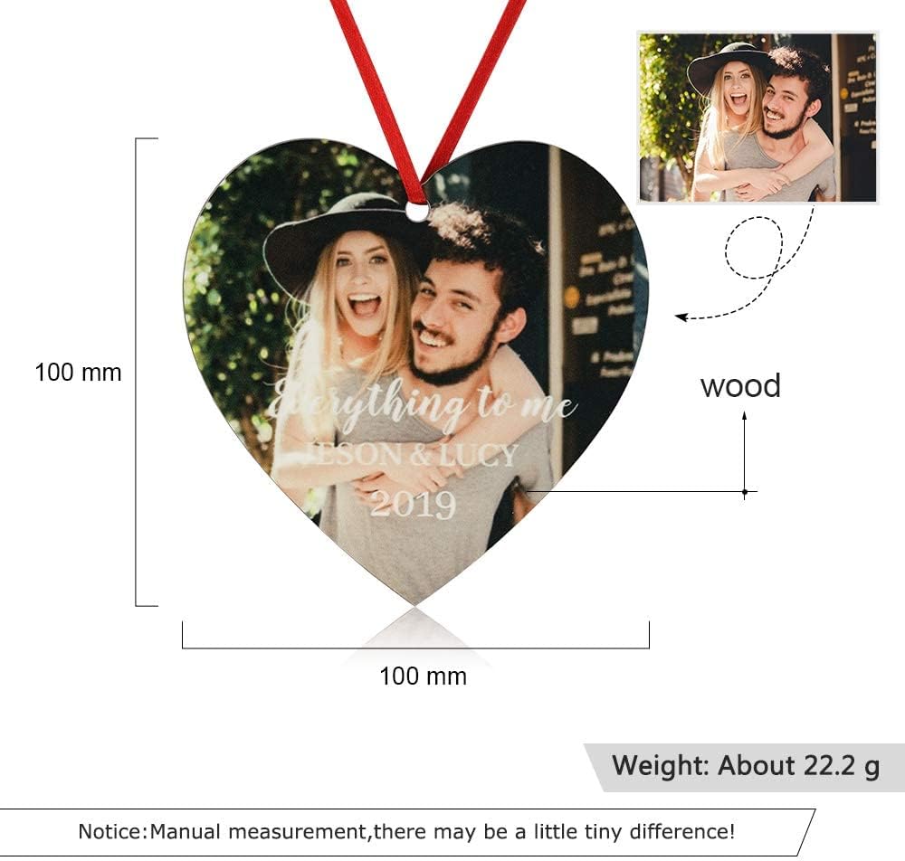Gemszoo Personalized Picture Christmas Ornament, Custom Double Sided Photo Text Wooden Hanging Xmas Tree Keepsake Pendant Decoration Gift for Family (1, Heart)