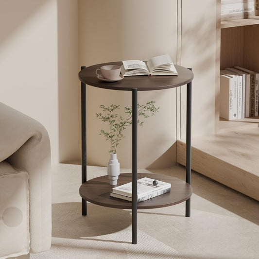 Side Table, Round End Table with 2-Layer Storage Rack, 15.7" Small Spaces Circle Table, Metal Frame Design Small Side Tables, for Living Room, Bedroom, Vintage Wood