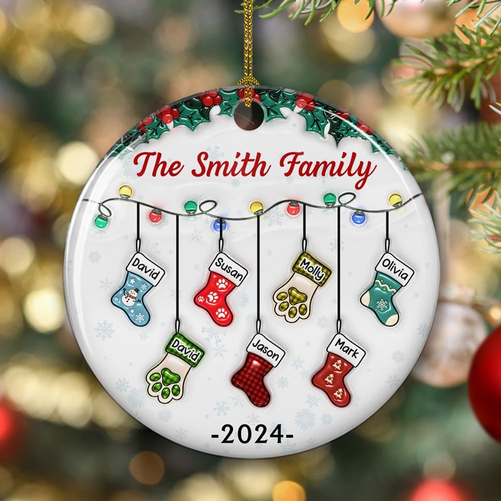 Stocking Personalized Family Christmas Ceramic Ornament 2025-3D Inflated Effect Custom Name Hanging Stock up to 10 Members, First Xmas as A Family Ornament Gifts (A04, 6 Names)