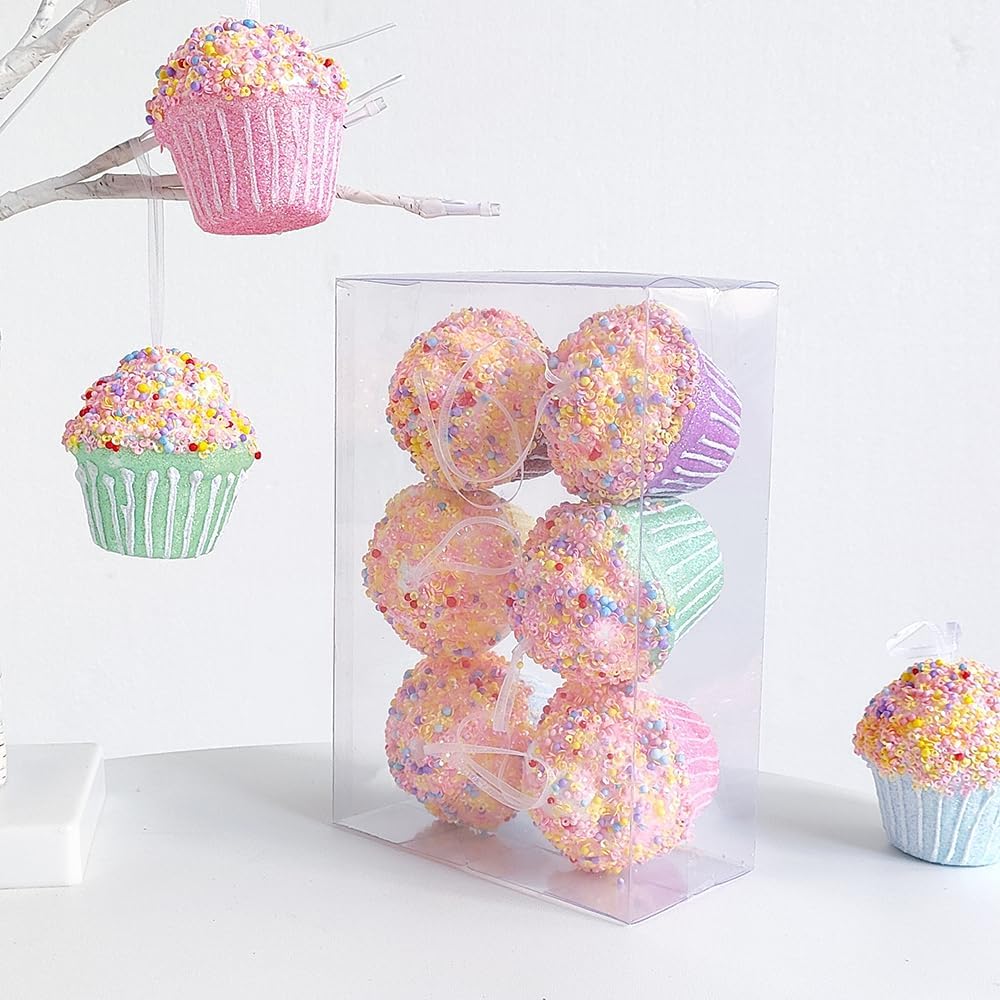 Cupcake Party Decorations Ornaments,6pcs Hanging Christmas Tree Candy Ornaments, Macaron Color Mini Dessert Cupcake Pendant Set for Xmas New Year Birthday Home Party Supplies (Cake)