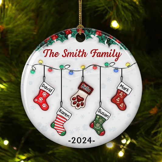 Stocking Personalized Family Christmas Ceramic Ornament 2025-3D Inflated Effect Custom Name Hanging Stock up to 10 Members, First Xmas as A Family Ornament Gifts (A04, 6 Names)
