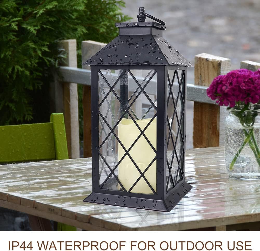 Bright Zeal 2-Pack 13.5" Vintage Candle Lantern with LED Pillar Candle (Black, 6hr Timer) - IP44 Waterproof Battery Powered Candle Lantern - Outdoor Patio Hanging Lantern Decorative Tabletop Lantern