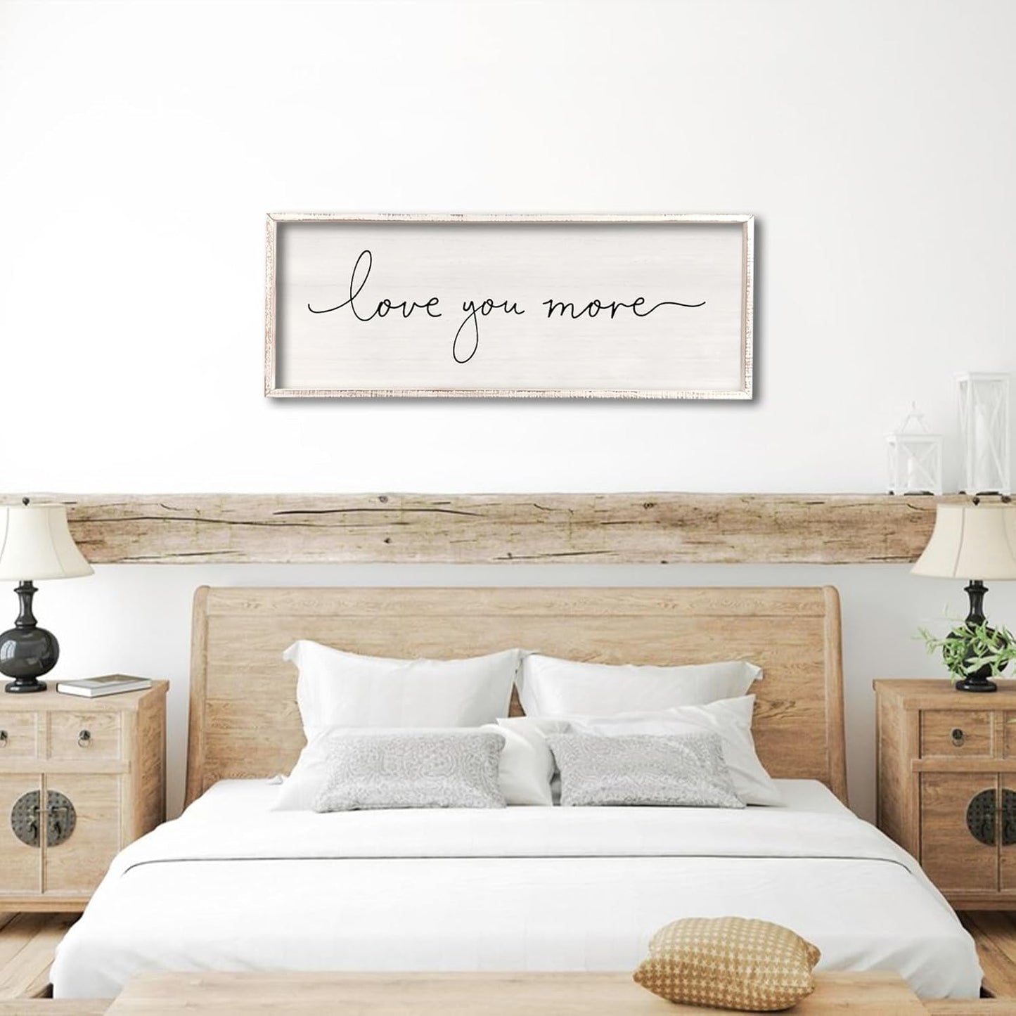 Love You More Sign 40''×15'' Master Bedroom Above Over Bed Wall Decor Modern Farmhouse Large Vintage Wood Framed Hanging Over Bed Bedside Wall Art (White)