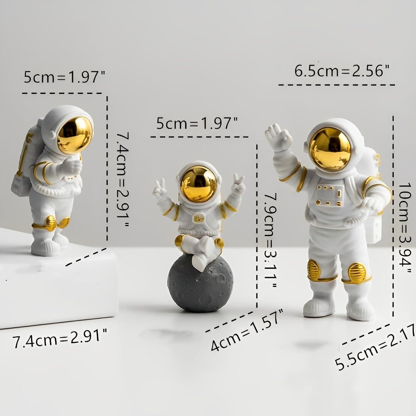 Gold White Astronaut Statues Set of 3, Outer Space Sculpture Figurines for Home Decor Cake Toppers