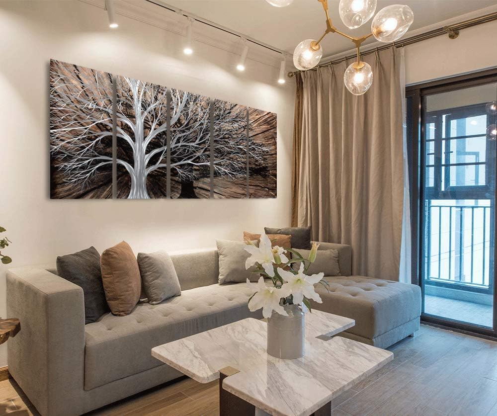 Yihui Arts Tree of Life Metal Wall Art Set - Handcrafted 3D Aluminum Sculpture, Silver Couples Artwork for Home Decor - Perfect Living Room, Bedroom, or Office Accent