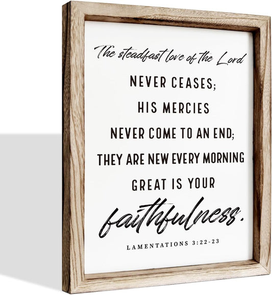 Christian Wooden Wall Signs, Living Room Decor, Home Church Decor for Room, Framed Wall Plaque Sign 15 * 11.5 inches, The Steadfast Love of the Lord Never Ceases Sign