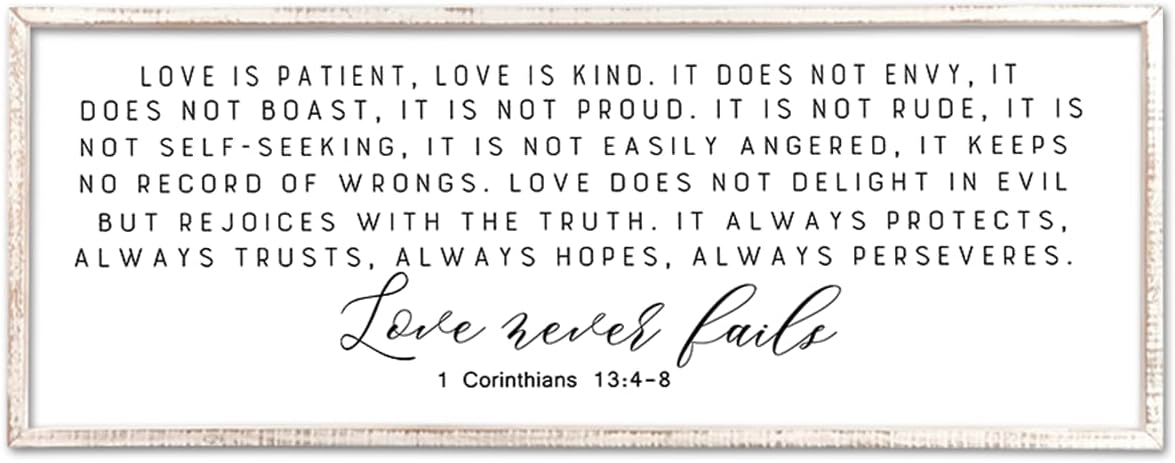 Love is Patient Kind Sign Wall Art 40"X15" 1 Corinthians 13 Bible Verse for Bedroom Above Over Bed Christianity Large Wood Framed Wall Hanging Decor (White）