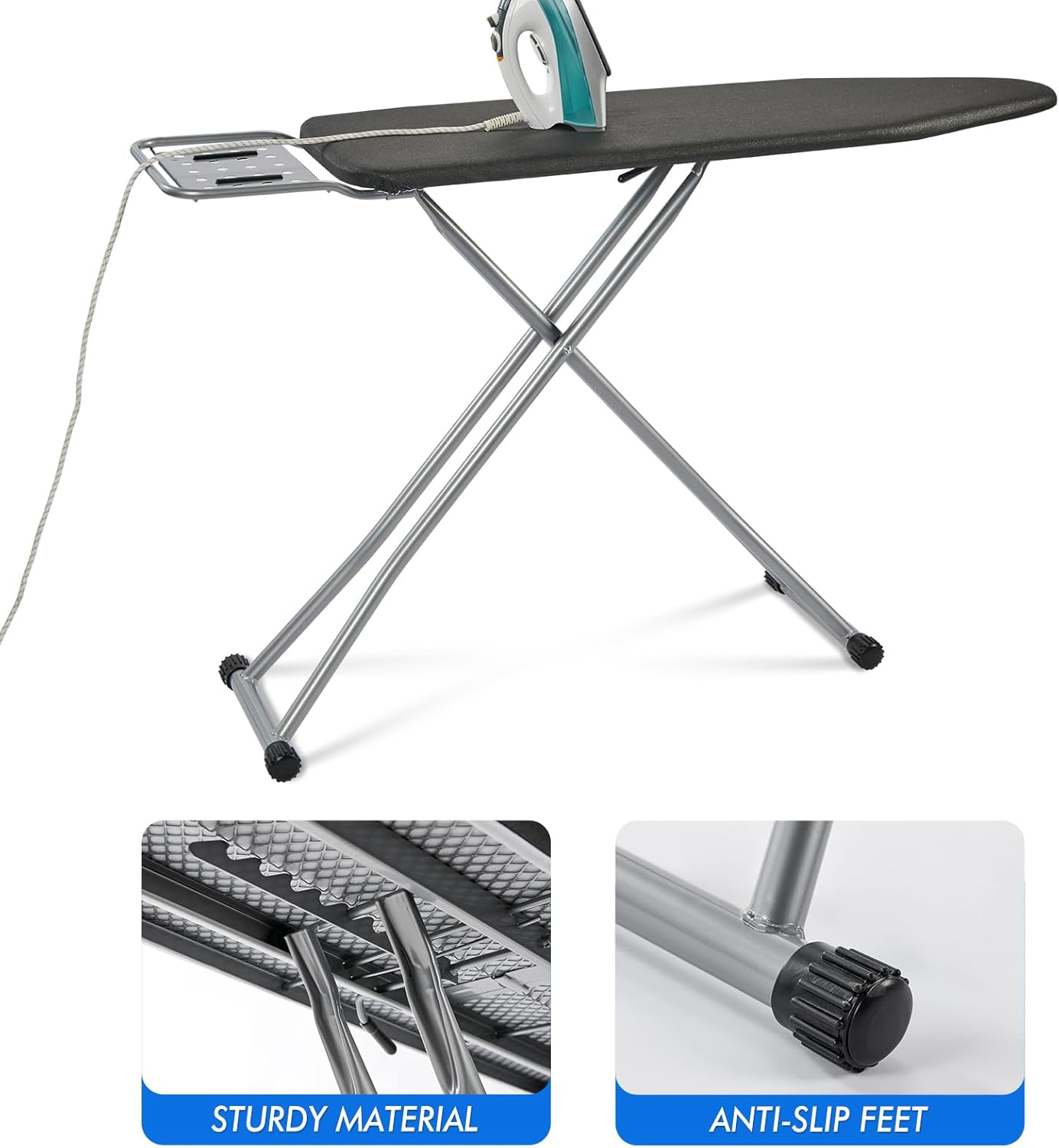 Ironing Board, Heat Resistant Cover Iron Board with Steam Rest, Non-Slip Foldable Ironing Stand. Heavy Sturdy Metal Frame Legs Iron Stand(13 * 34 * 53 Inches) (Silver Black)