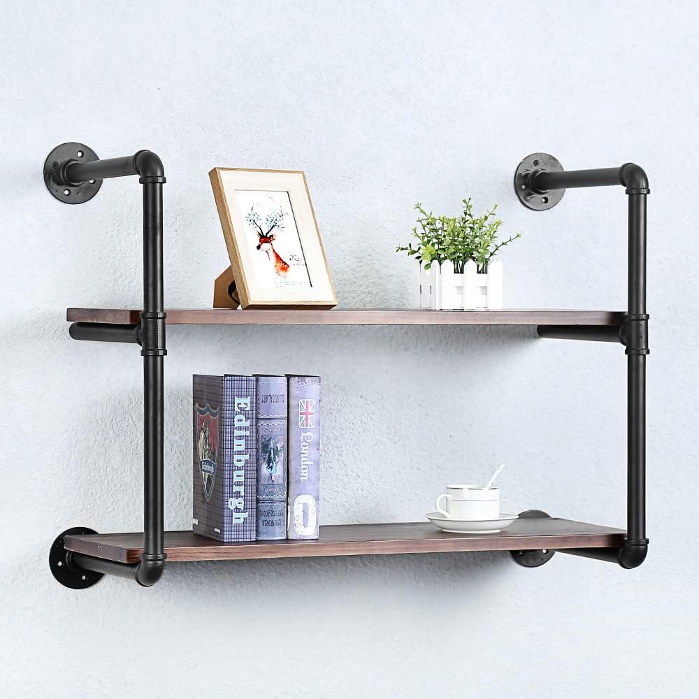 Industrial Pipe Shelving Wall Mounted,30in Rustic Metal Floating Shelves,Steampunk Real Wood Book Shelves,Wall Shelf Unit Bookshelf Hanging Wall Shelves,Farmhouse Kitchen Bar Shelving(2 Tier)