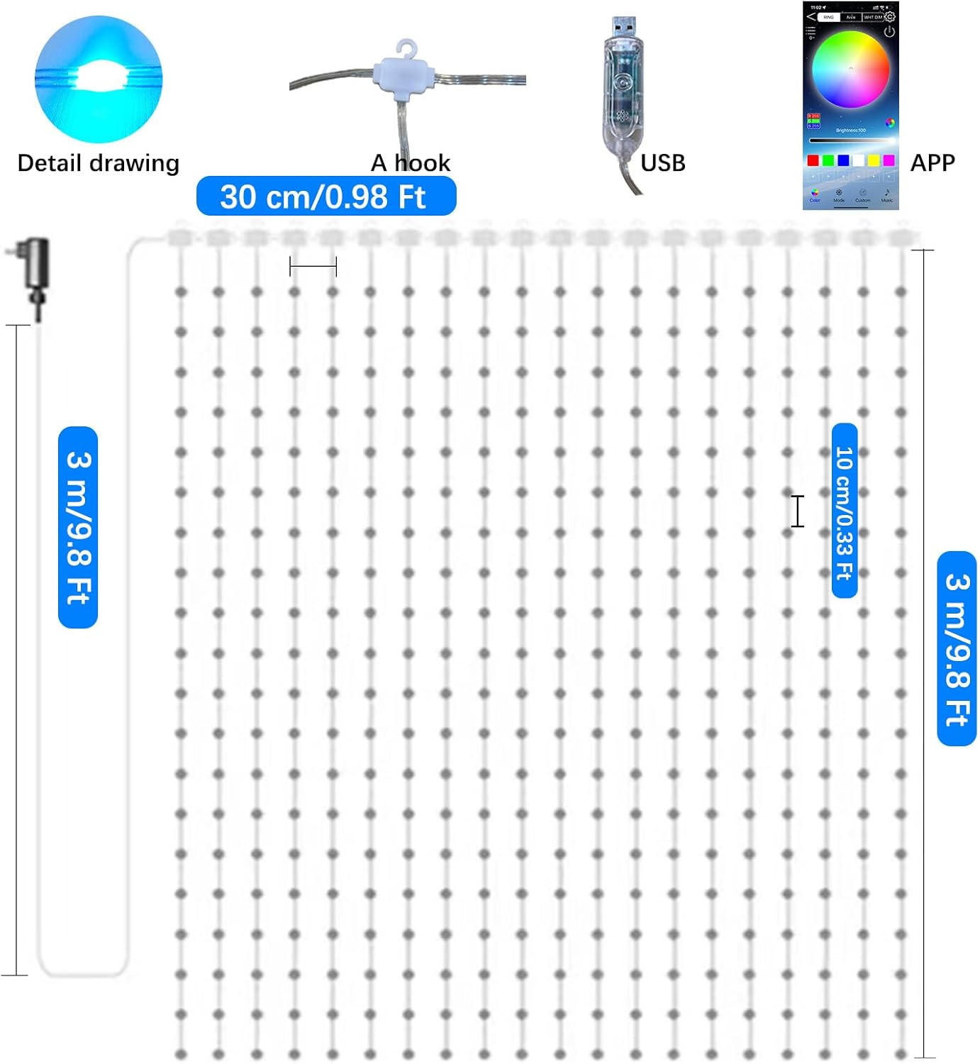 QINER LED Curtain Lights Indoor, 9.8 FT x 9.8 FT 300 LED with USB APP Control, Multiple Modes Selection, Smart Curtain Light for Bedroom, Wedding,Valentine's Day, Party