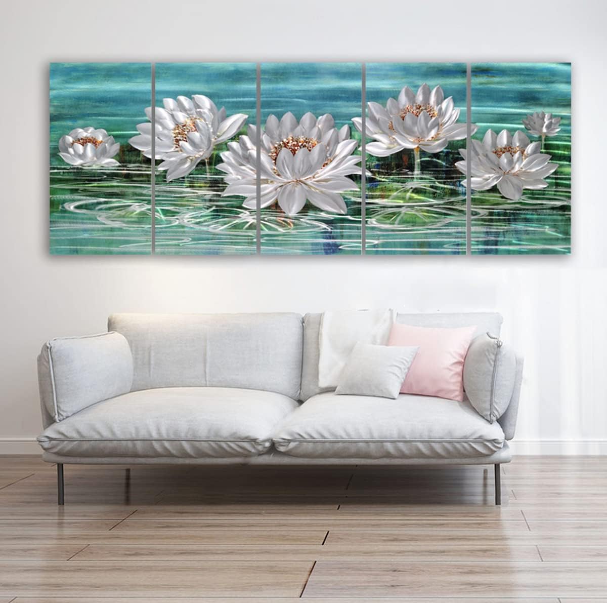 Yihui Arts Lotus Metal Wall Art, Green and Silver Flower Artwork, Hand Grind Aluminum Sculpture for Home Decor