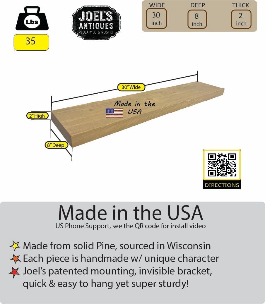 joelsantiques 30 Inch Wooden Floating Shelves for Wall - 30x8x2 in - Made of Natural Wood - Heavy Duty Rustic Wall Shelves for Bedroom - Perfect for Living Room, Kitchen - Natural