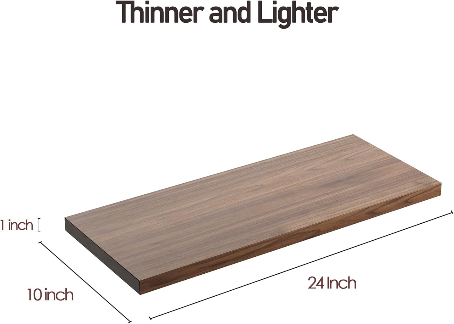 Wall Shelf Set of 2, Walnut Floating Shelves 24 in W x 10 in D x 1 in H, Wooden Floating Wall Shelf with Invisible Brackets for Living Room/Bedroom/Bathroom/Kitchen Storage and Decor