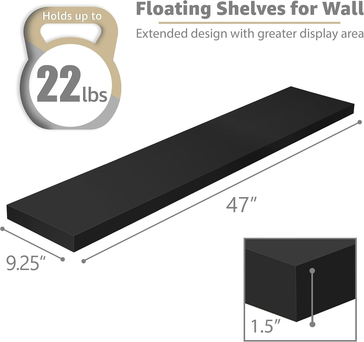 Sorbus Floating Shelves for Wall - 48 Inch Long Bathroom Shelves, Wall Decor for Bedroom, Kitchen, Living Room & Book Storage - Mounted Floating Shelf with Invisible Brackets (Black, 2 Pack)