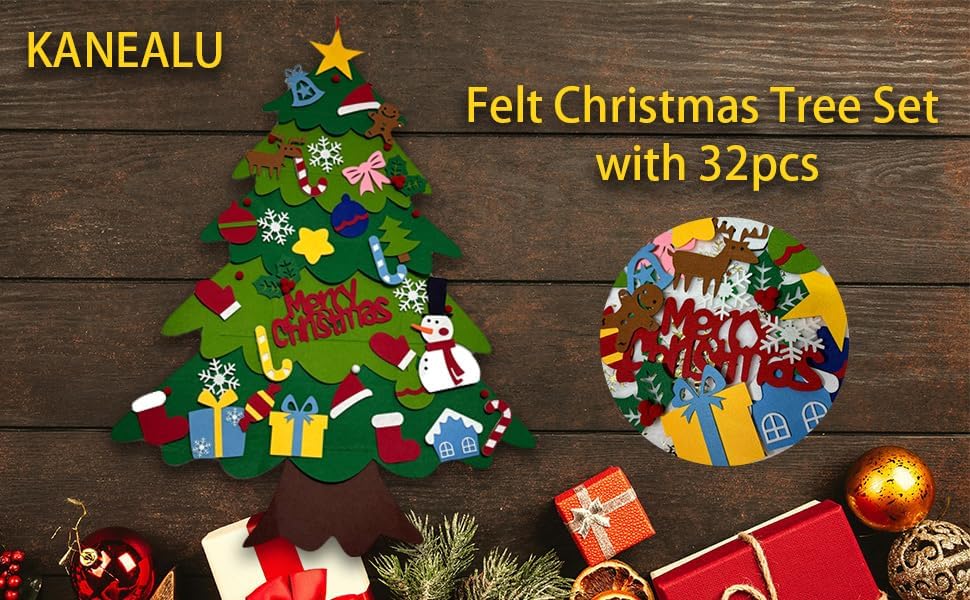 Felt Christmas Tree Set with 32pcs Ornaments, 3.2 feet Wall Hanging DIY Christmas Tree for Kids,Activities