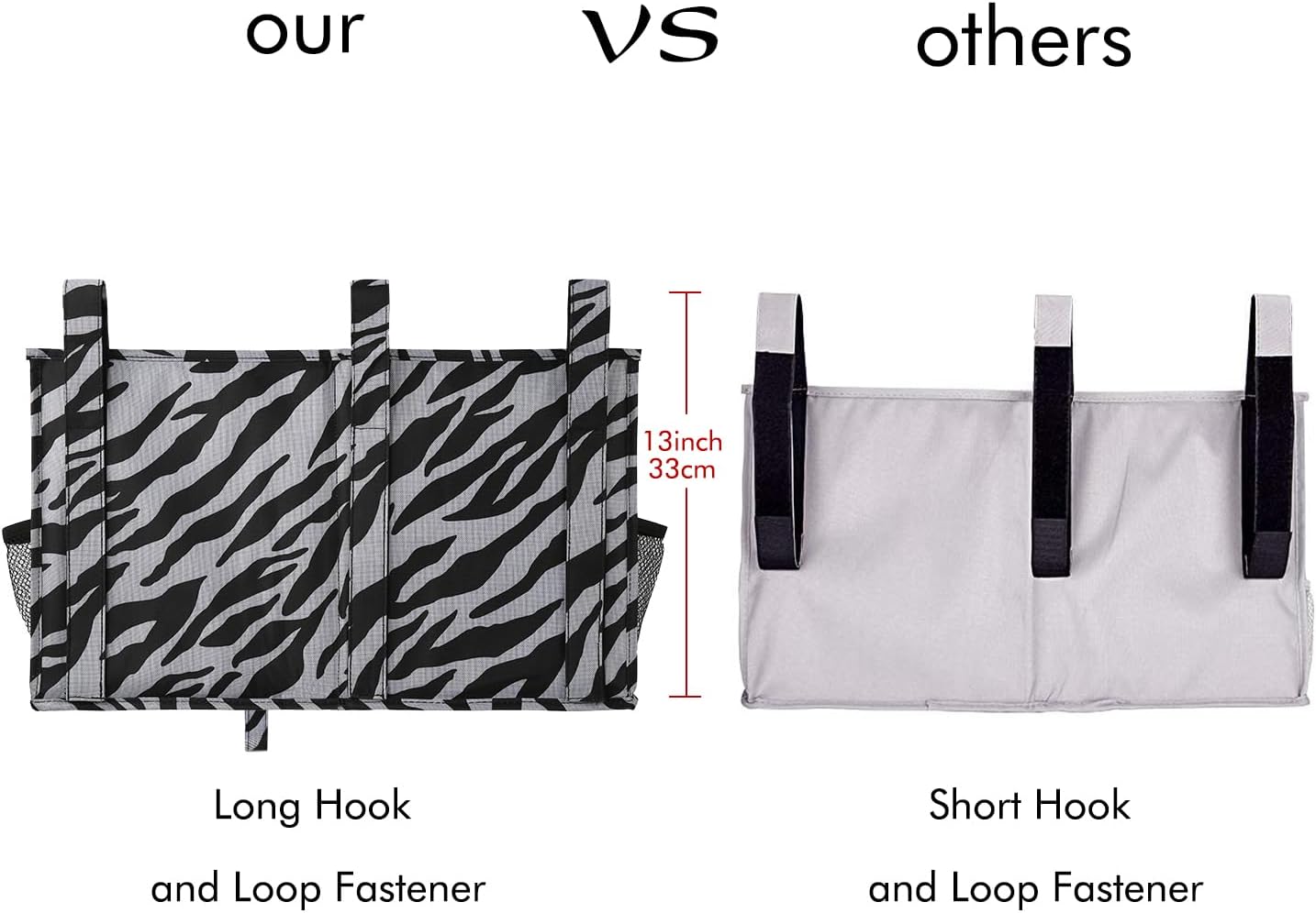 Surblue Bedside Caddy Hanging Organizer Storage Bag Pocket for Bunk, Hospital, College Dorm Rooms, Baby Bed Rails, Camp - 8 Pockets (Large, Zebra)
