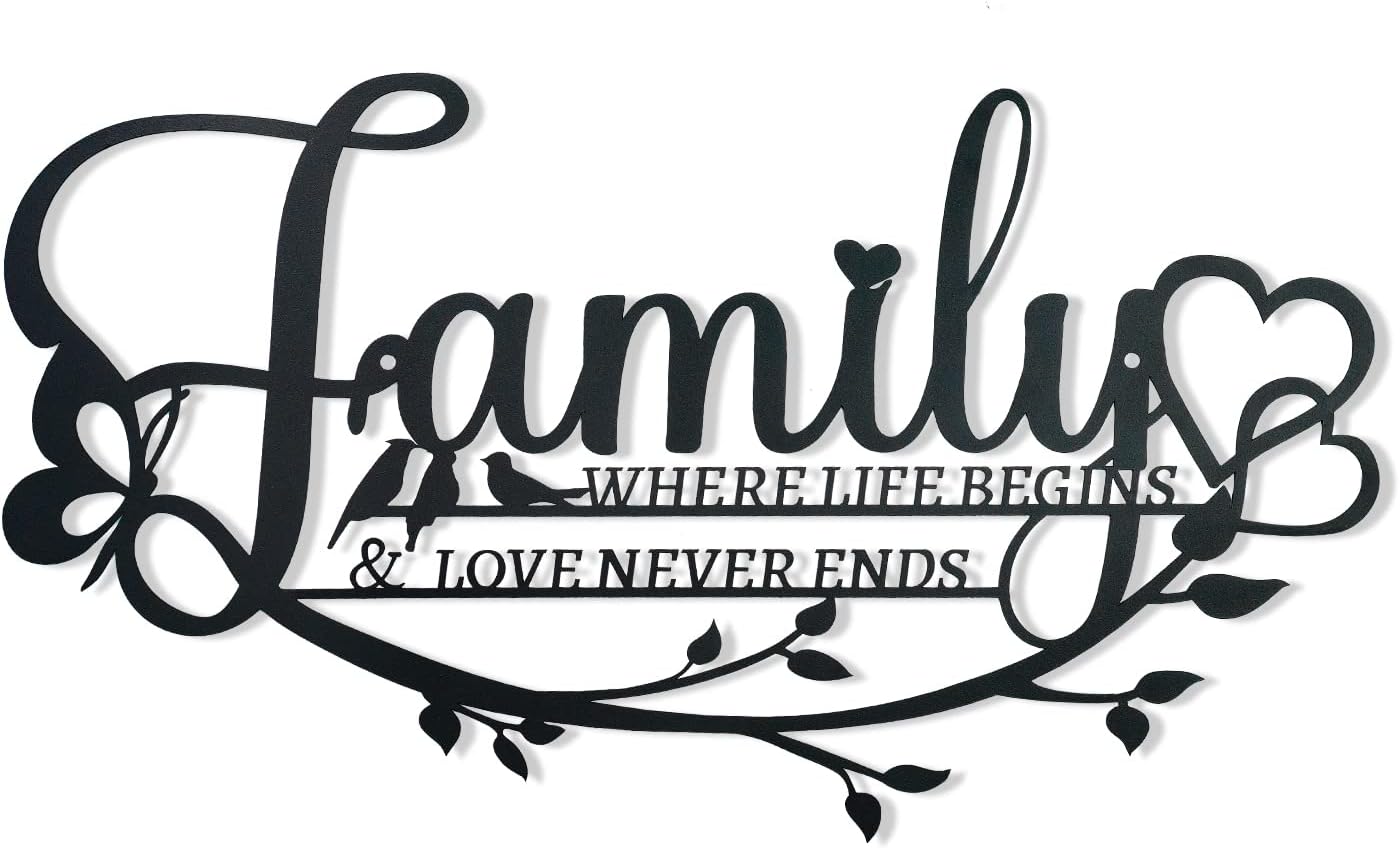 Family Sign Black Metal Wall Art Decor, Oppro Family Where Life Begins Love Never Ends Wrought Iron Wall Decorations, Hanging Plaque Letters Signs Home Decor for Living Room Bedroom Dining Room Kitchen Mother's Day Father's Day