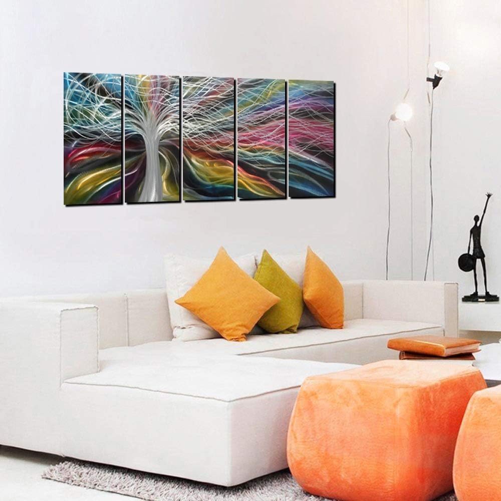 Unique Metal Wall Art with Colorful Fantastic Tree Design, Abstract Modern and Contemporary Décor, Metal Wall Sculpture, Silver Aluminum Artwork, Indoor and Outdoor decoration, 5 panels 64"x24"