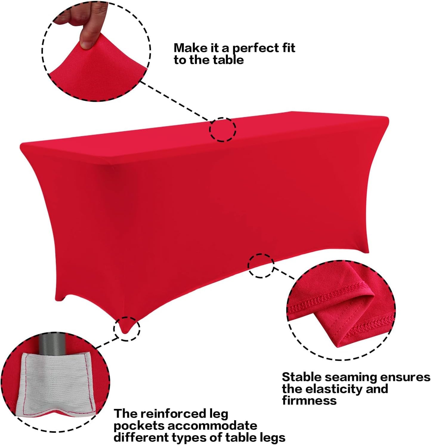 IVAPUPU 2 Pack 4FT Table Cloth for Rectangular Fitted Events Stretch Red Table Covers Washable Cover Spandex Tablecloth Protector for Party, Wedding, Cocktail, Banquet, Festival