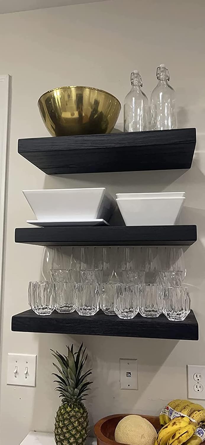 Joel's Antiques - 24 Inch Wooden Floating Shelves for Wall - Made of Natural Wood - Short Heavy Duty Rustic Wall Shelves for Bedroom - Perfect for Bathroom, Kitchen - Black 24x12x2 Inches
