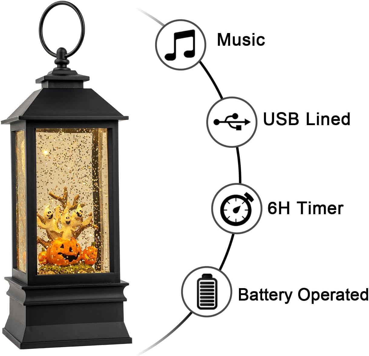 Halloween Snow Globe Lantern Water Glittering Spooky Ghosts in Pumpkins with Music, USB Lined/Battery Operated Lighted Lantern for Halloween Festival Decoration Gifts