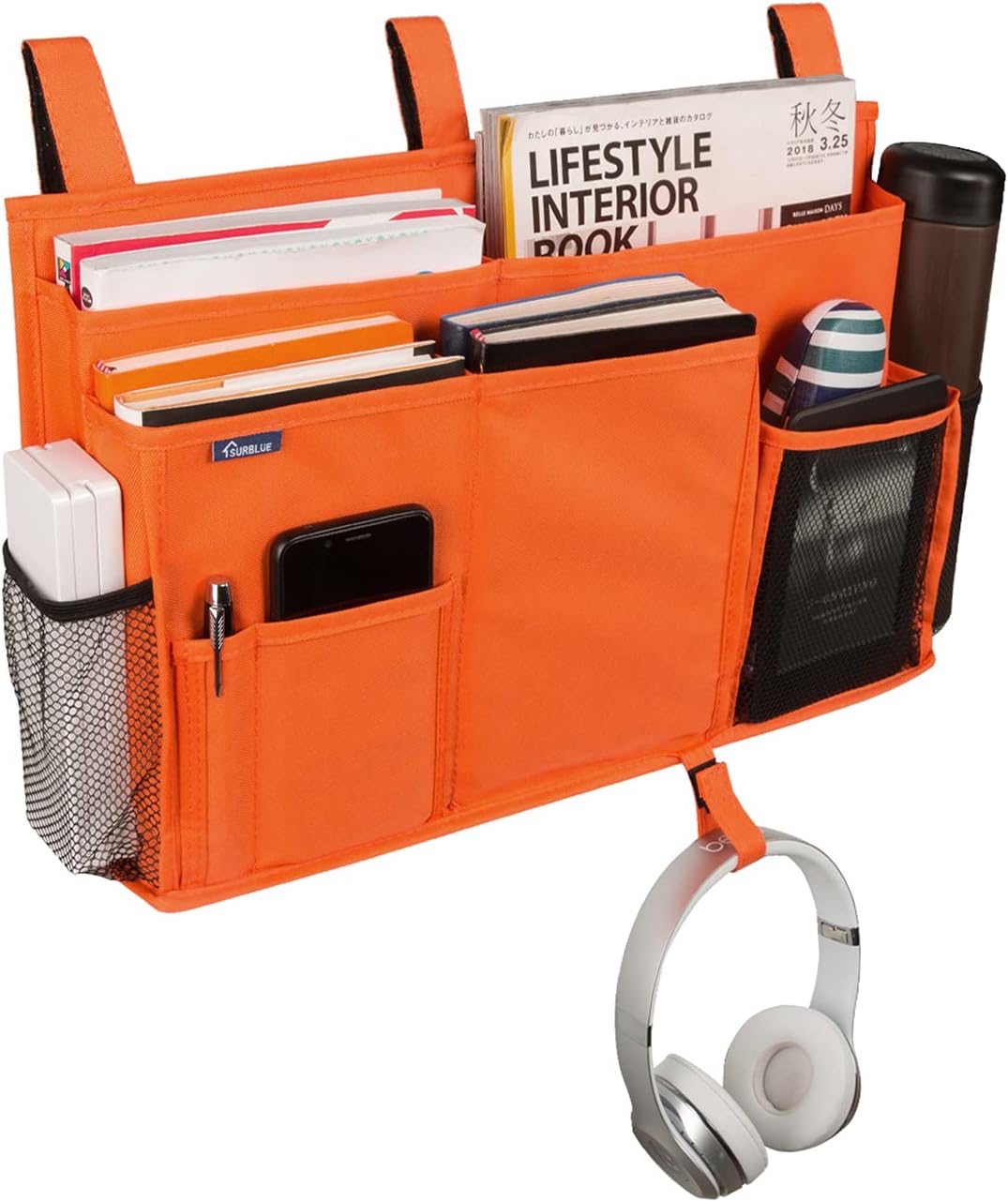 Surblue Caddy Hanging Organizer Bedside Storage Bag for Bunk and Hospital Beds, Orange, L