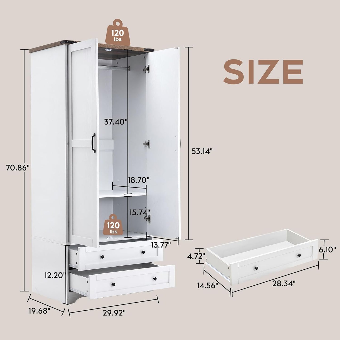 Brafab Armoire Wardrobe Closet with 2 Modern Doors, 71" Tall Freestanding Closet Wardrobe Cabinet with Drawers and Hanging Rail, Light Wooden Storage Cabinet with Shelve for Bedroom (White, 4 Doors)