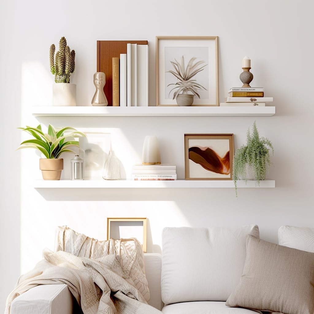 LaVie Home Floating Shelves, 36 Inch Wall Shelf Set of 2, Hanging Shelf with Invisible Brackets, Wall Decor for Bathroom, Bedroom, Living Room, Kitchen Storage, Modern White