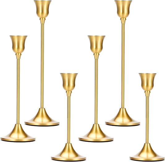 2 Sets(6 Pcs) Candle Stick Holders， Brass Gold Metal Taper Candle Holders, Vintage Modern Decorative Centerpiece Candlestick Holders for Table Mantel Wedding Housewarming Gift