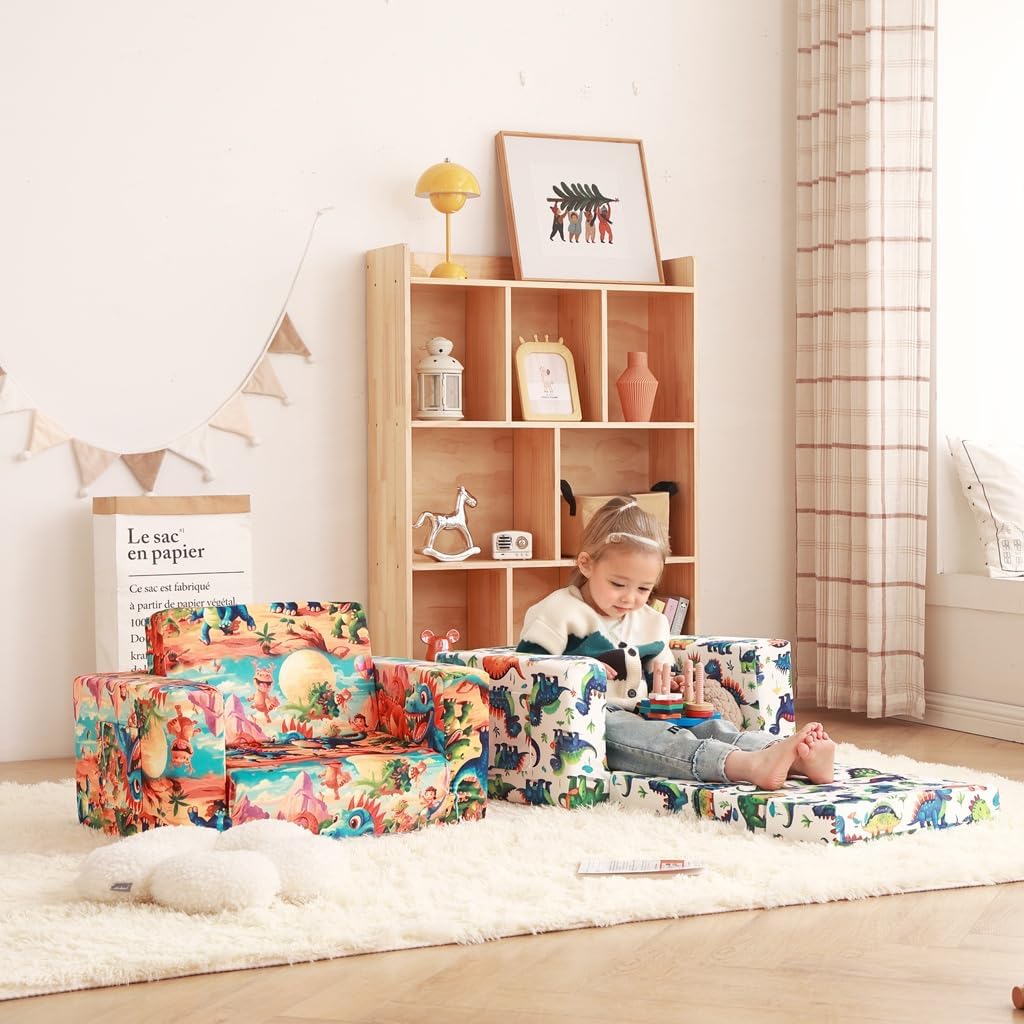 Toddler Chair Kids Couch, 2-in-1 Toddler Soft Sherpa Couch Fold Out Armchair with Removable Cover, Convertible Reading Chair Toddler Sofa for Kids, Orange Dinosaur