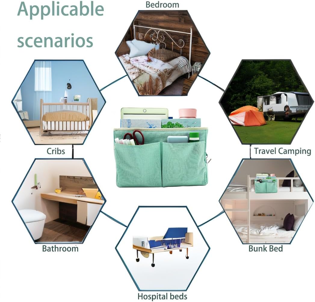 Bedside Caddy Bedside Hanging Storage Basket Multi-Function Organizer Caddy for Bunk and Hospital Beds Dorm Rooms Bed Rails, Can be Placed Glasses Books Mobile Phones(Green)