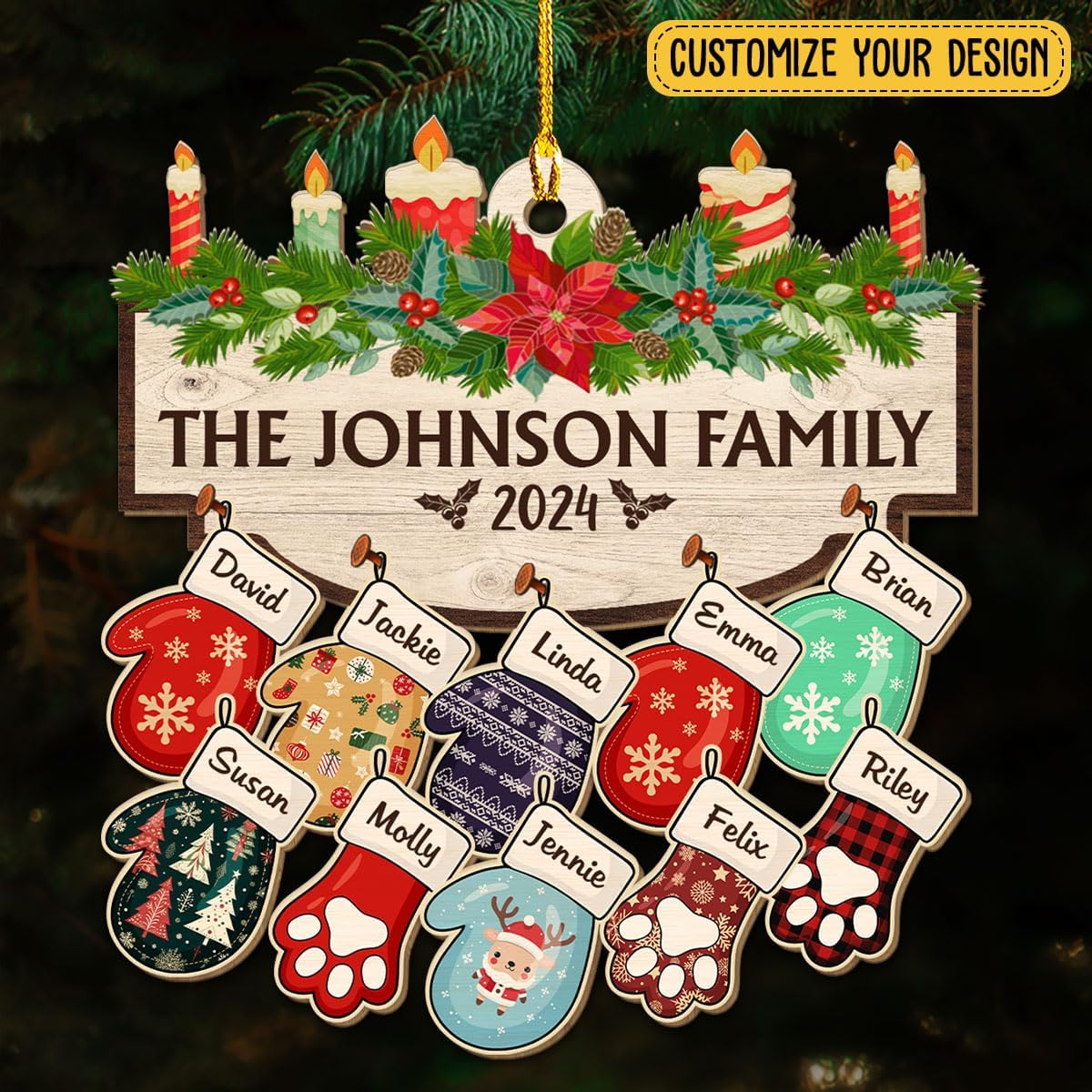 Family with Pet Ver 2 - Personalized Custom Wood Ornament, Family Gloves Christmas Ornament 2024, Xmas Ornament Gifts for Family Tree Decoration (A06, 4 Names)