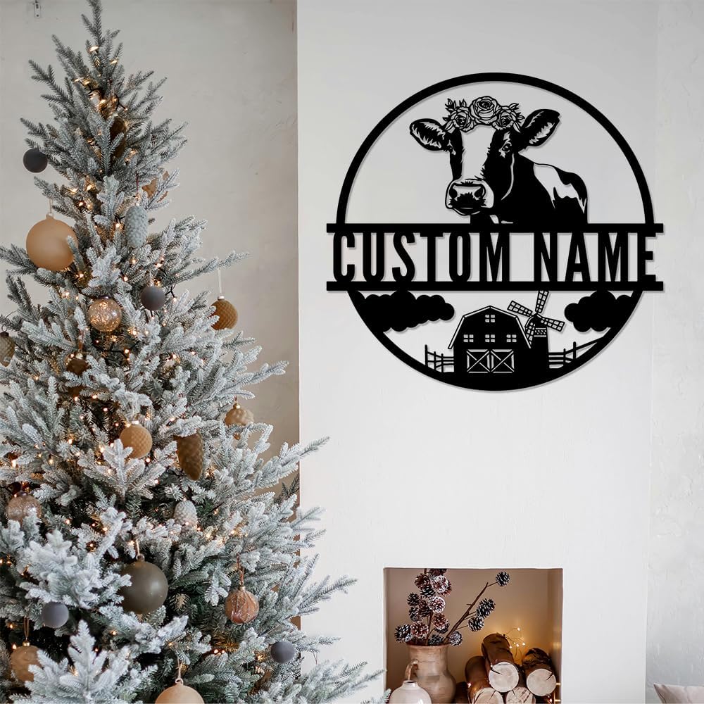 Custom Cow Metal Sign, Personalized Family Name Wall Art, Farmhouse Customized Gifts for Farmer, Flower Monogram Decor for Living Room Indoor Outdoor Hanging